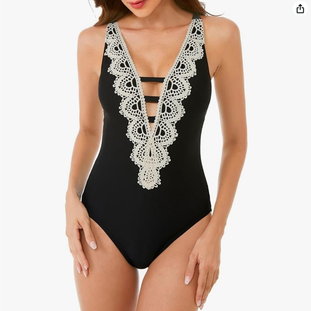 NWT BCA Plunge Cream Crochet Detail Black One Piece Bathing Suit
